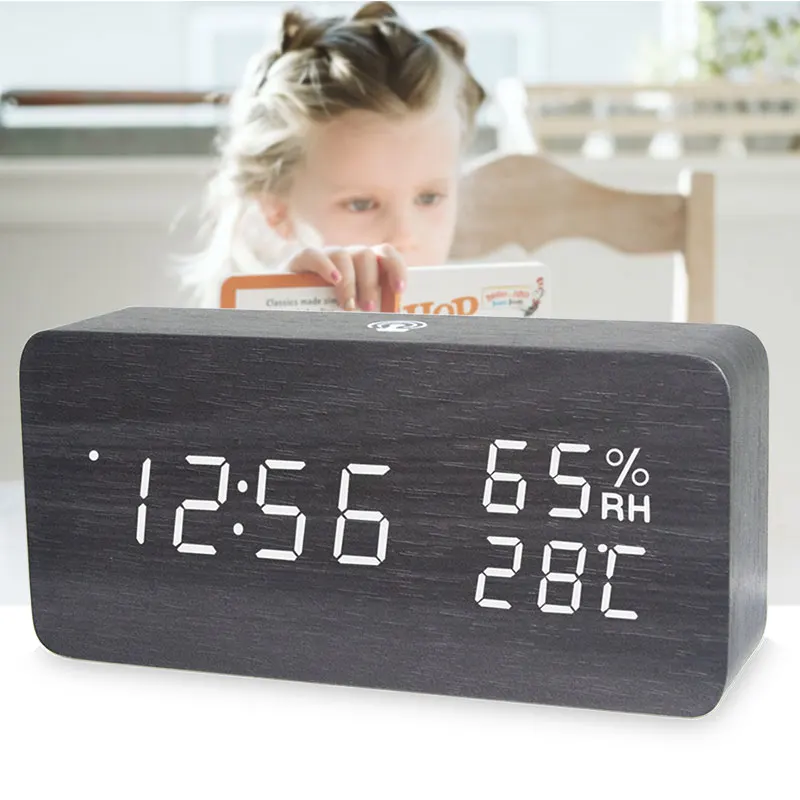 Modern wooden Led Alarm Clock sound APP control Temperature Humidity date Electronic Desktop Digital USB Battery Table Clocks