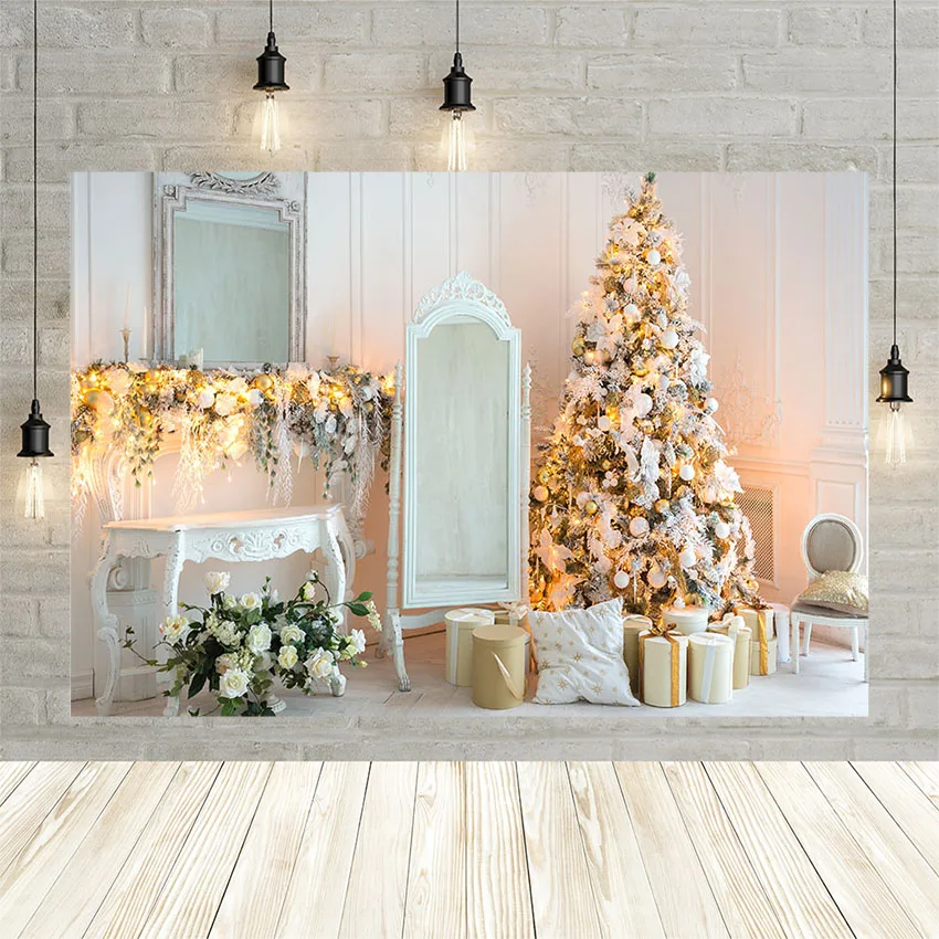 Avezano Backdrops Winter Christmas Tree Dressing Table Mirror Gift Pillow Flowers Decoration Party Background Photograph Studio