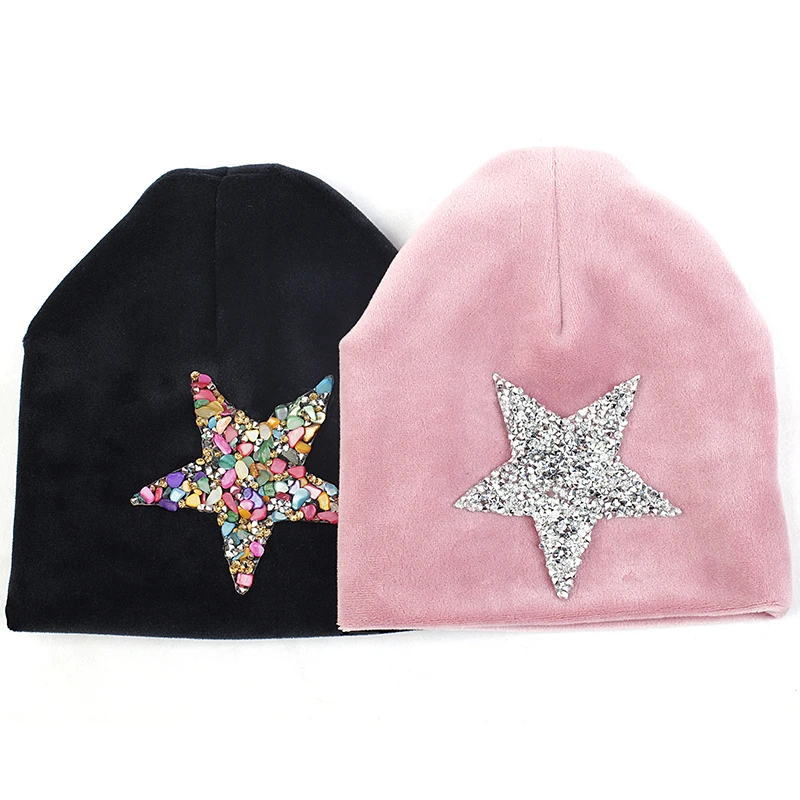 Geebro Autumn Winter Soft Thicker Velvet Newborn Baby Boys Girls Hats Beanie Infant Cute Rhinestones Star Hats Cap Newbron Gift