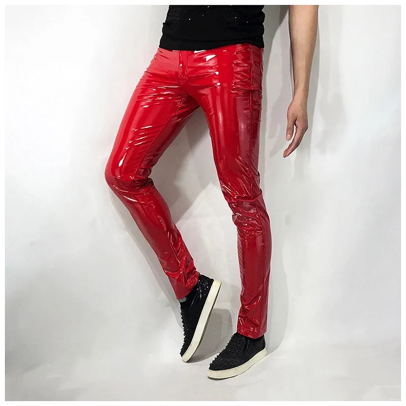 Bar Nightclub Men Singer Stretch Skinny PU Leather Pants Thin Slim Fit Motorcycle Leather Trousers Singer Performance Costume