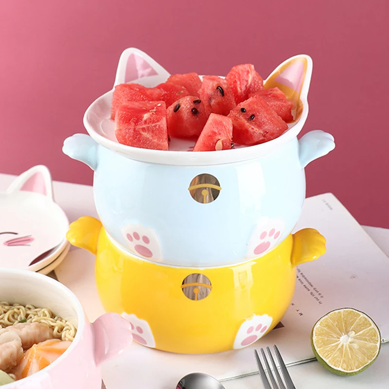 Kawaii Cat Ramen Bowl With Chopsticks Lid Spoon Plate Ceramic Cute Kitchen Salad Fruit Instant Noodle Rice Large Bowl Tableware