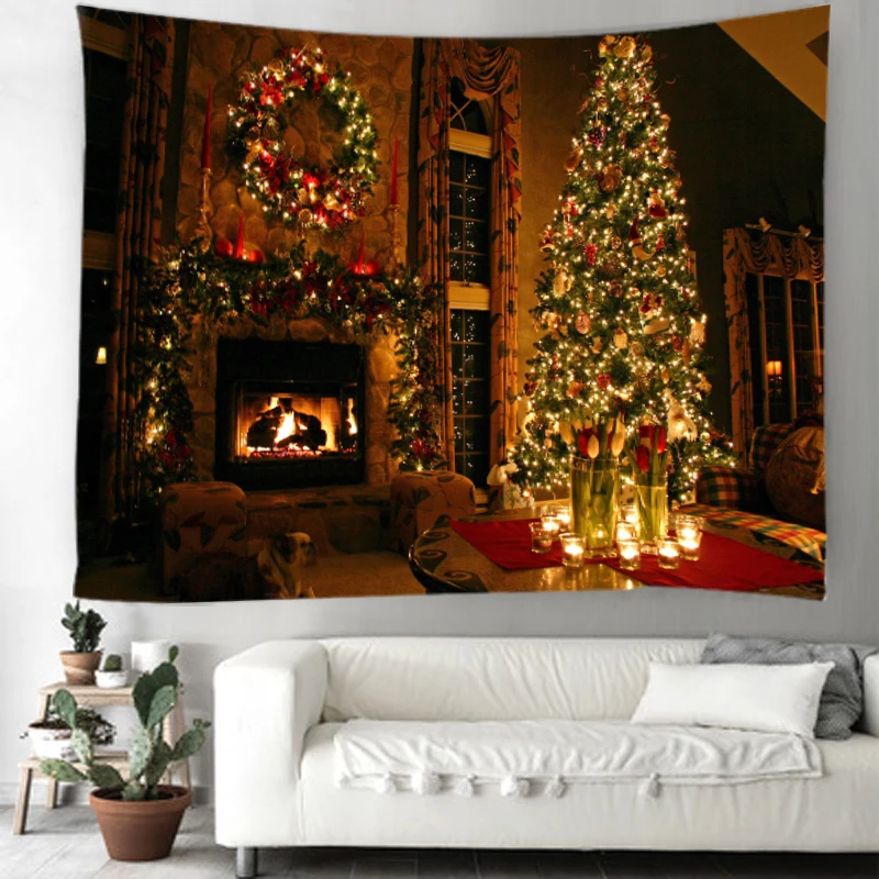 

Christmas tapestry Christmas tree fireplace background wall-mounted tapestry New Year home decoration gifts