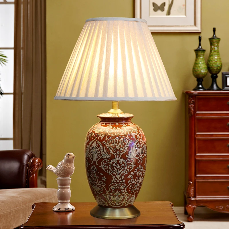 40x65cm Luxurious Large Table Lamp Chinese Style Vintage Red Paiting Ceramic Table Lamps For Bedroom Living Room Bedside Lamp