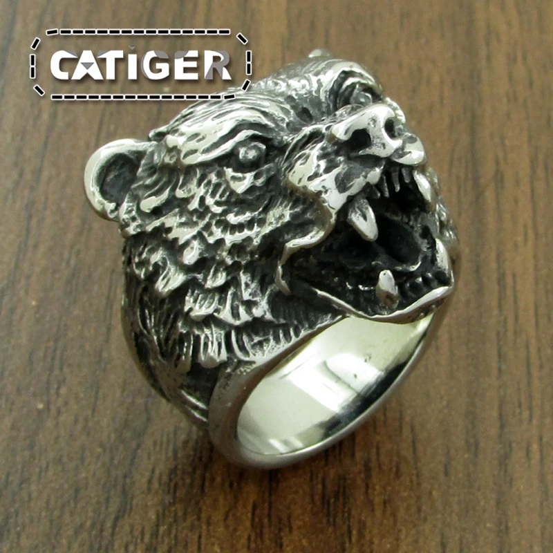 Punk 316L Stainless Steel Bear Animal Ring For Man Silver color Golden Brown Bear Head Ring Jewelry