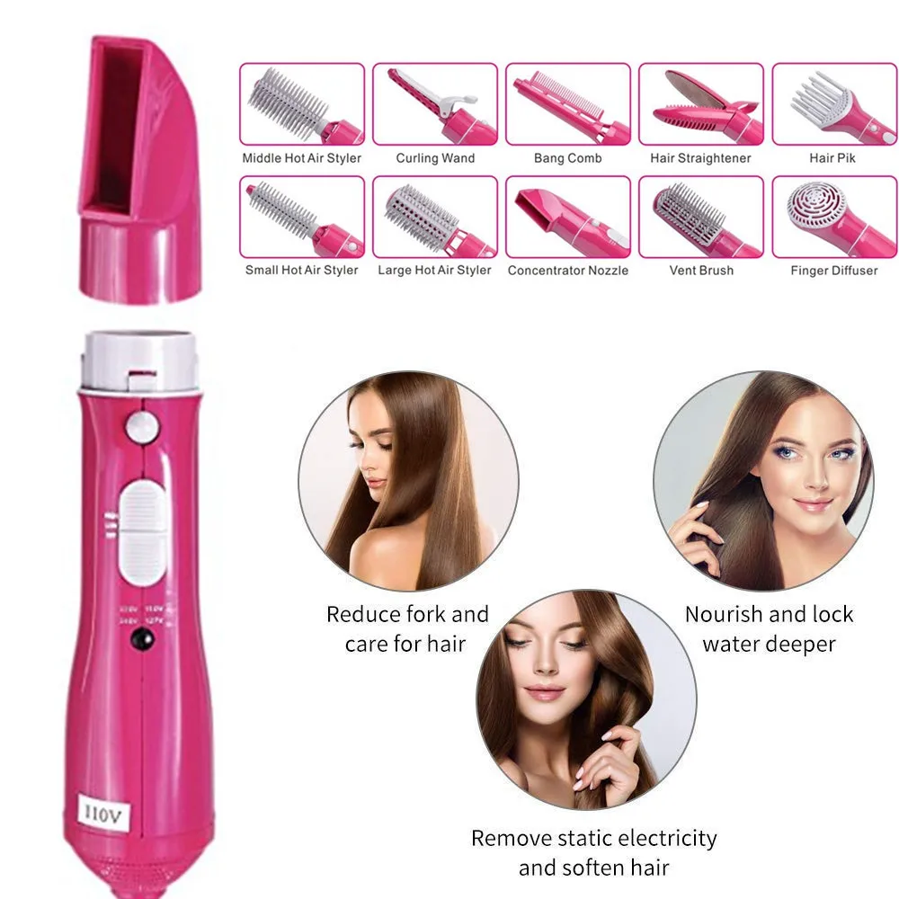 10 in 1 Blow Dryer Brush Hair Dryer & Volumizer Styler Curler Straightening Drying Comb Hot Air Brush Electric Hair Dryer Brush