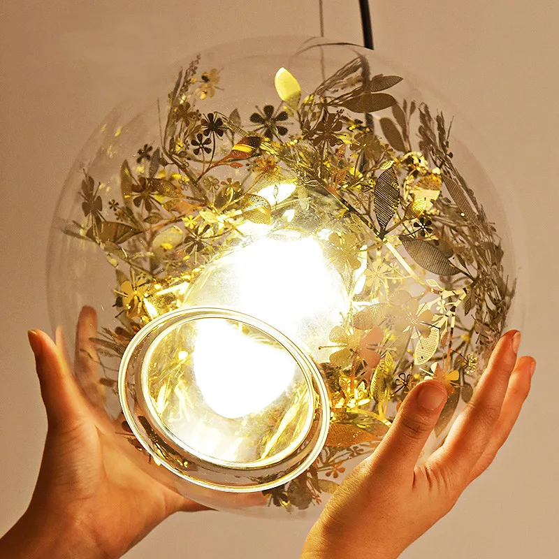 

Clear Glass ball pendant light modern Stainless steel flowers Leaves Golden pendant lights silver Romantic indoor house lighting