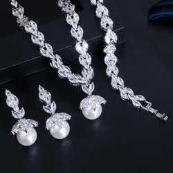 CWWZircons Gorgeous Cubic Zirconia Bridal Pearl Necklace Earrings Sets for Women Wedding Party Costume Jewelry Gift T092