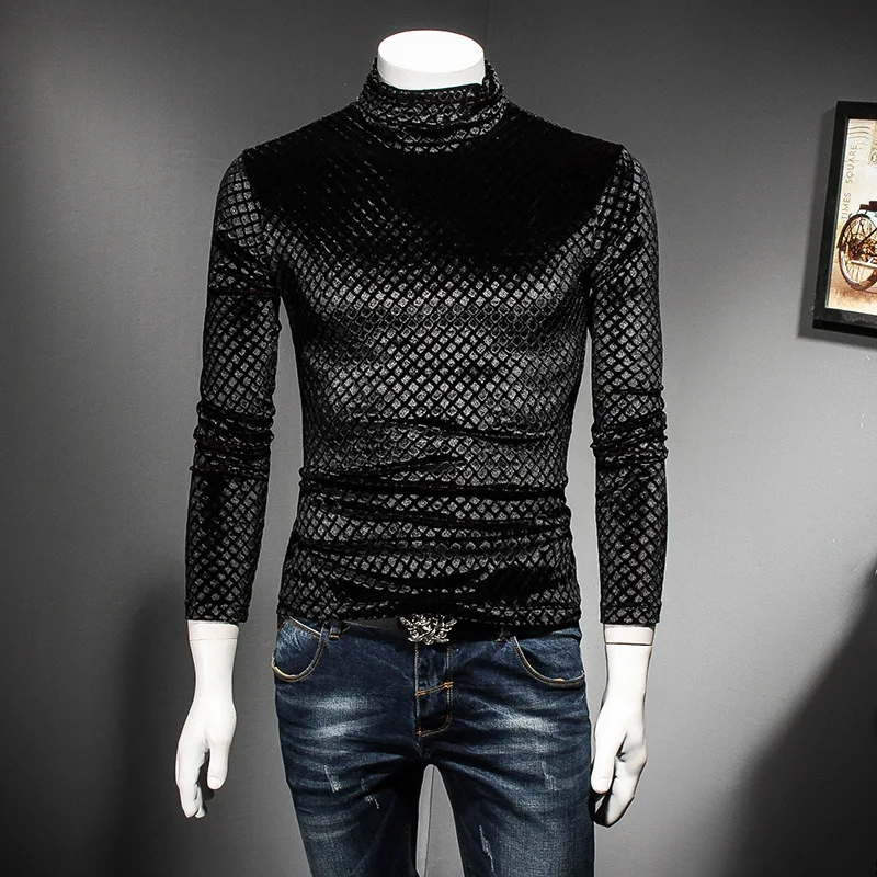 Black Coffee Turtle Neck T Shirt Men Luxury Autumn Winter Slim Fit Plaid Tshirt Club Outfit Camisas Masculina