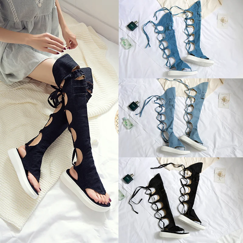 Women Roman Hollow Pinch High Tube Sandals Straps Wedge Heel Casual Large Size Female Denim Jeans Over The Knee Tong Toe Shoes