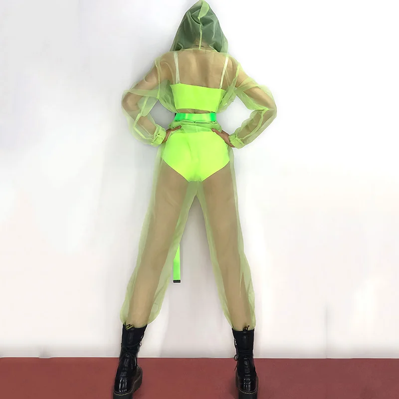 Hip Hop Dance Costumes Lady Fluorescent Green Sexy See-Through Jumpsuit Bikini Modern Jazz Dancer Outfit Street Dancewear DT2967