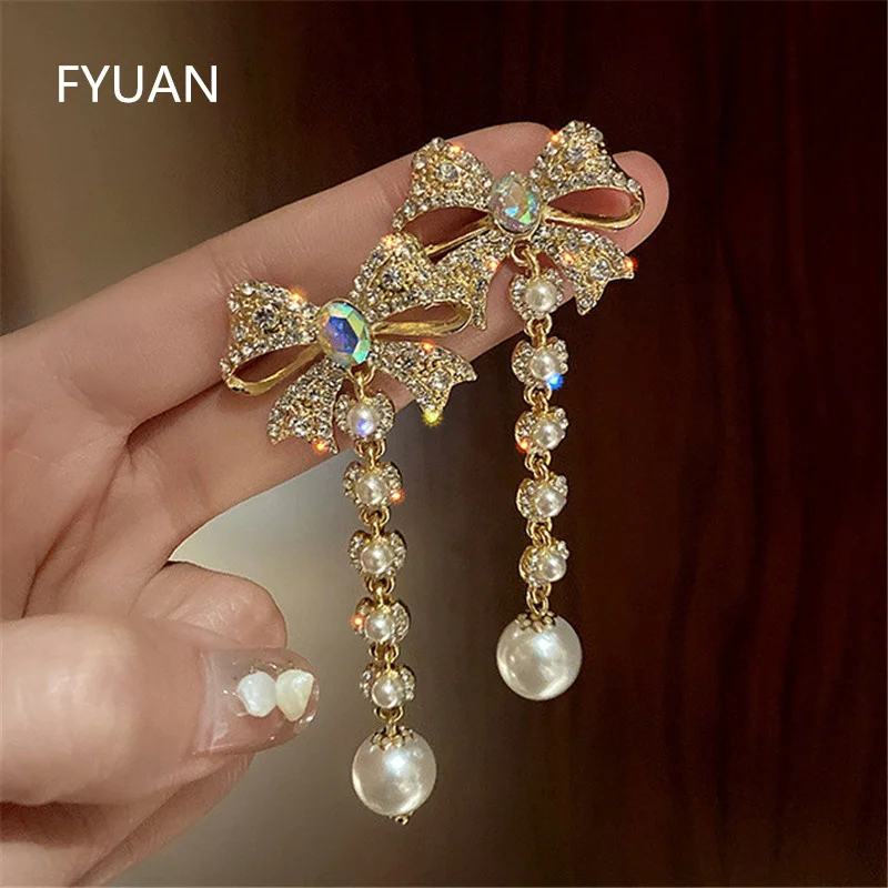 FYUAN Korean Style Bowknot Rhinestone Dangle Earrings for Women Long Tassel Pearl Earrings Weddings Party Jewelry