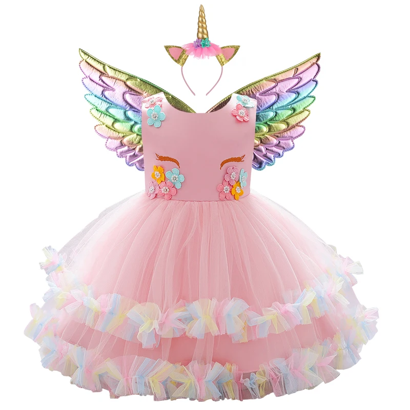 Colorful Unicorn Cosplay Costume Fancy Newborn Christening Princess Vestidos Children Baby Girl Clothes Summer Dresses 1 Year