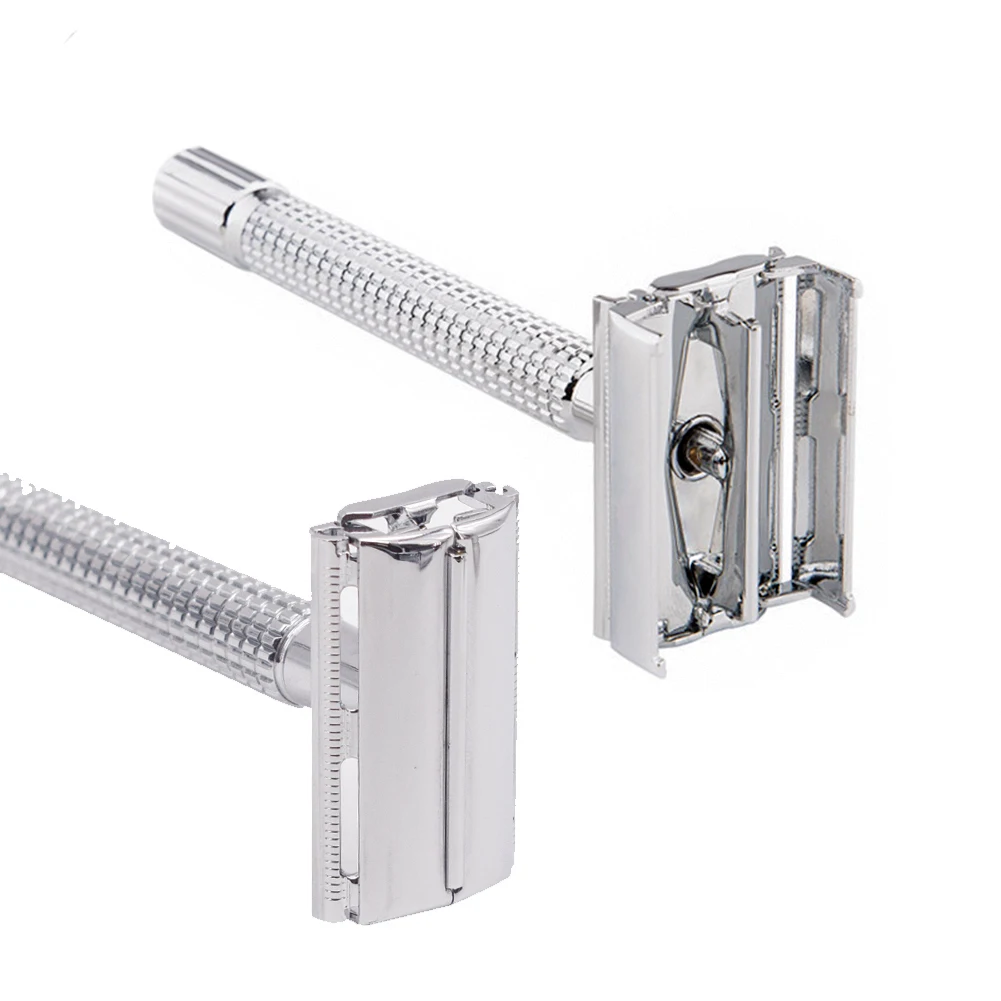 WEISHI 9306FL leather 11.5cm Long Handle Chrome Silver plated Double Edge Safety Razor with 5pcs blade