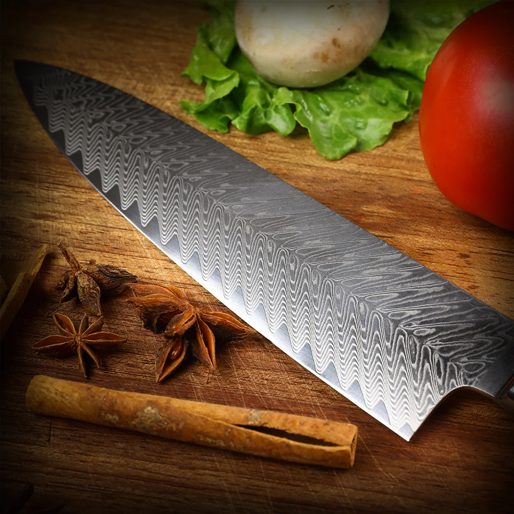 WAK 8\'\' Kitchen Chef Knife Professional 9Cr18 Mov Damascus Steel Blade Kitchen Knives Soft Black G10 Handle Kitchen Knife