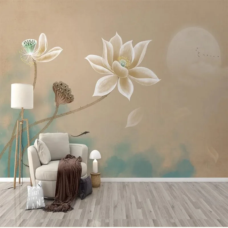 

3D Wallpaper Modern New Chinese Hand-Painted Lotus Ink Landscape Background Wall Self-Adhesive Waterproof Sticker Papel De Pared