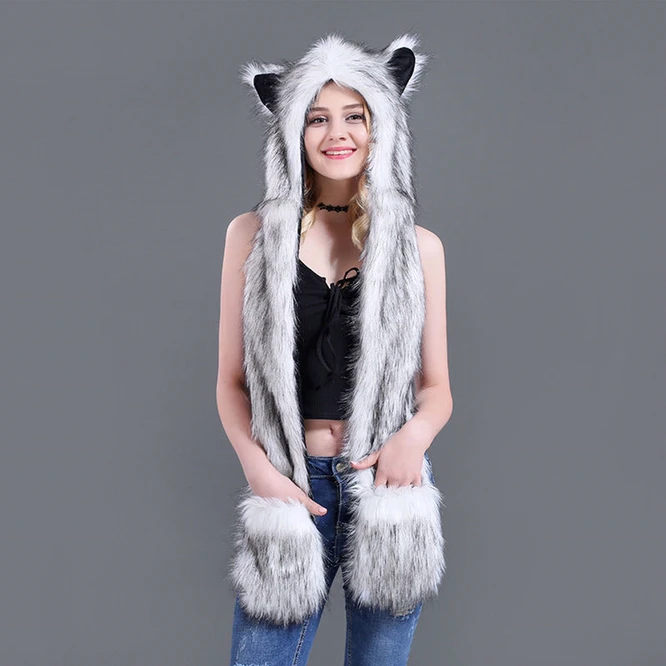 

Faux Fur Hood Animal Hat Ear Flaps Hand Pockets Animal Hood Hat Wolf Plush Warm Animal Cap with Scarf Gloves Girl