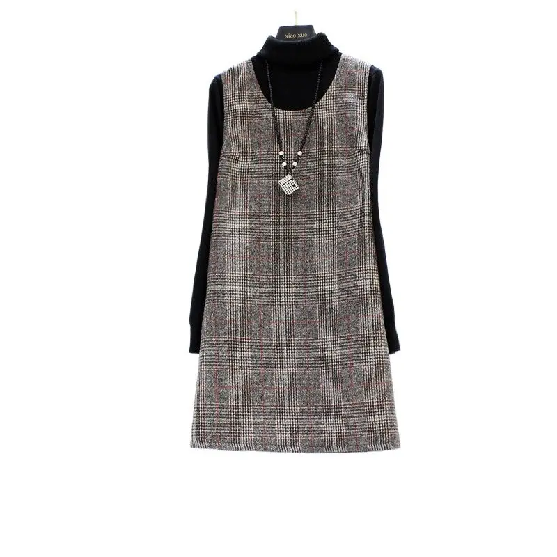 

2023 Vintage Spring Autumn Houndstooth Vest Dress Women Clothing Winter Korean Woolen Lattice Dresses M841