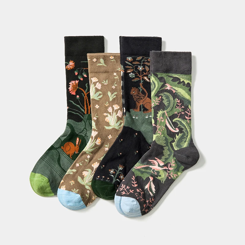 2022 New Spring Sock Vintage Flower Print Colorful Knitted Socks Women Green Harajuku Socks Women Hip Pop Style Cool Socks