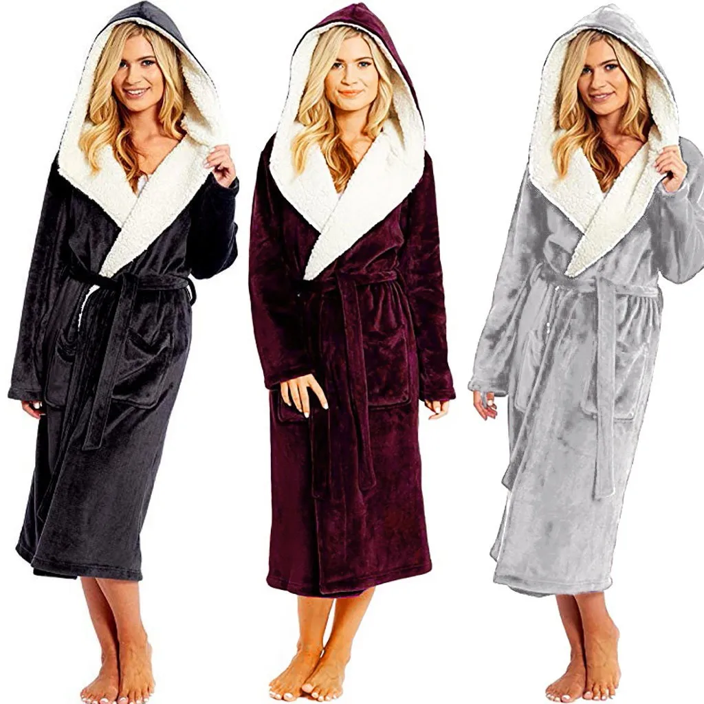 Women Plush Thermal Long Bath Robe Lengthened Shawl Hooded Bathrobe Warm Kimono Dressing Gown Flannel Bath Robe Sleepwear