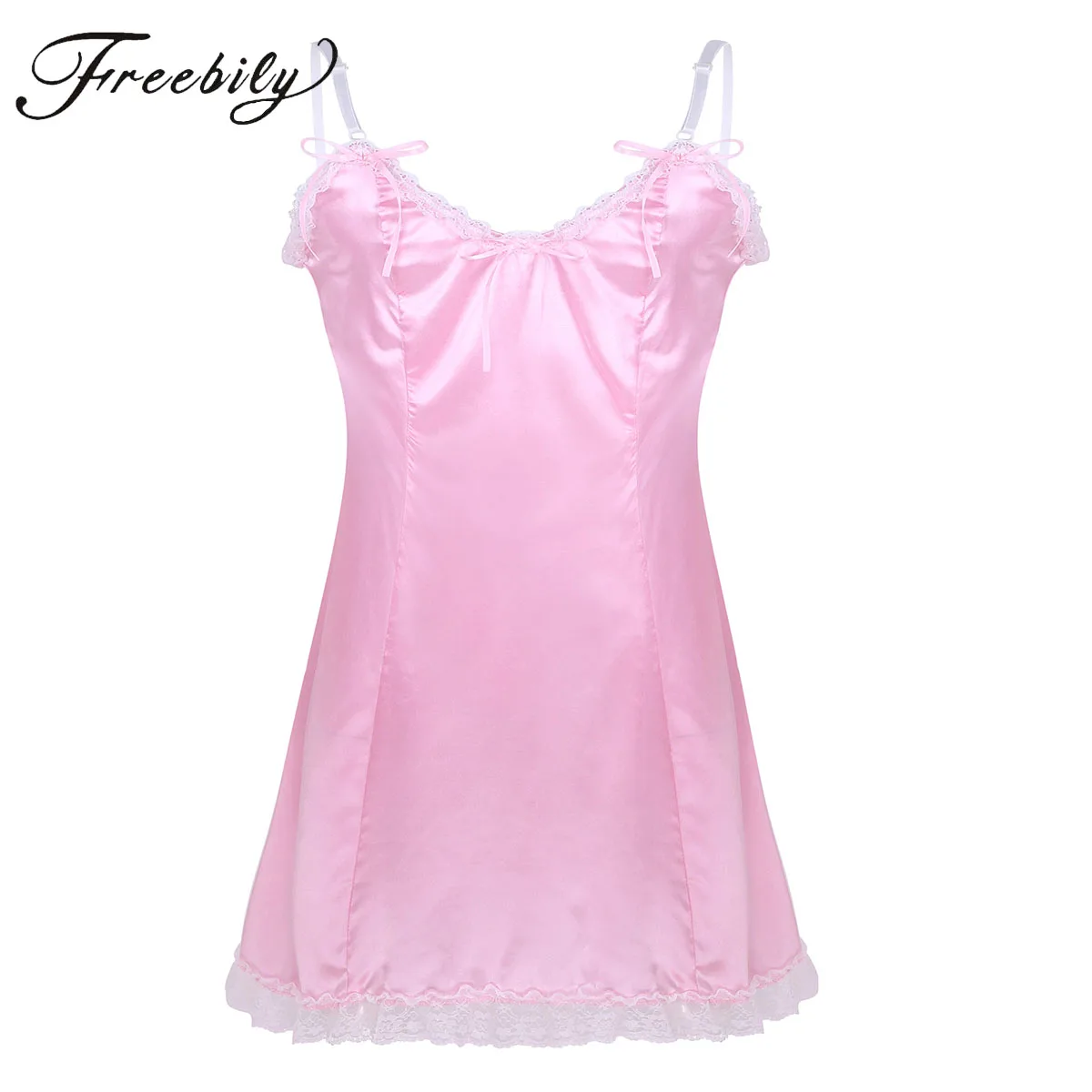 Mens Lingerie Dress Sissy Satin Lace Slip Dress Gay Sexy Pink Costume Pajamas Nightwear Underwear