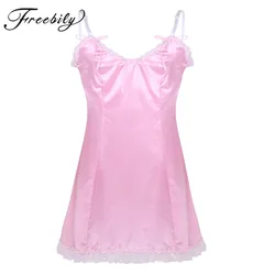 Vestido de lencería de satén para hombre, ropa interior Sexy de encaje, pijama Gay, color rosa