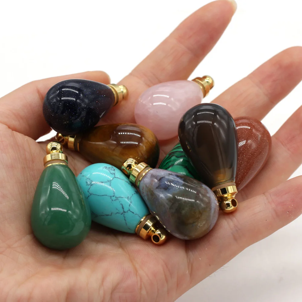 Natural Stone Perfume Bottle Pendant Round Drop Shaped Semi-precious Exquisite Charms For Jewelry Making DIY Necklace Accessory