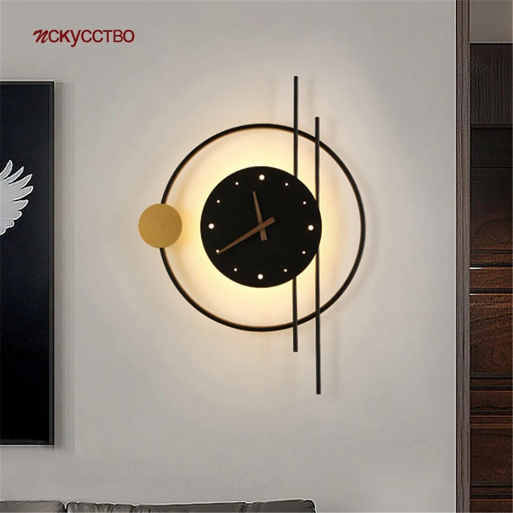 

Nordic Art Deco Black Gold Ring Metal Clock Led Wall Lamp Industrial Loft Corridor Aisle Stairs Wall Sconce Living Room Lights