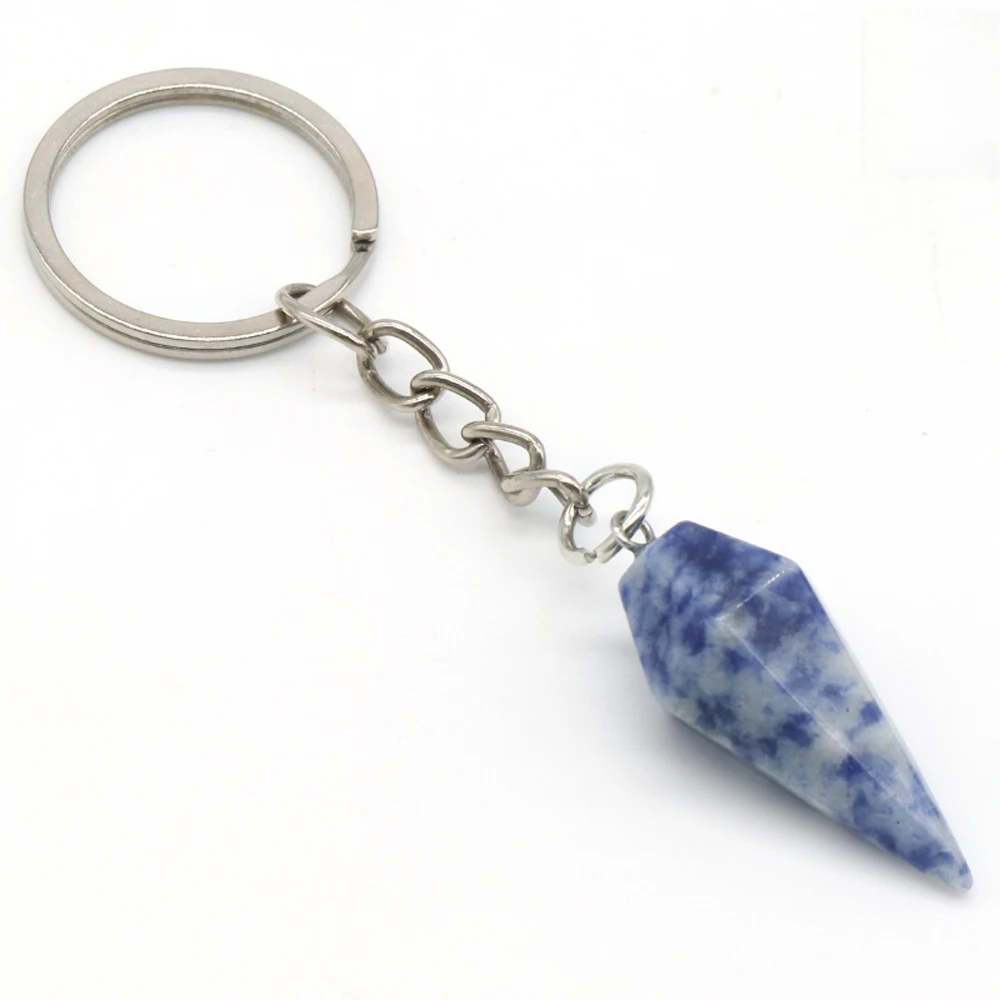 Tapered Stone Keychain Natural Crystal Rose Quartz Amethyst Green Aventurine Agate Opal Malachite Key Chain Jewelry for Women