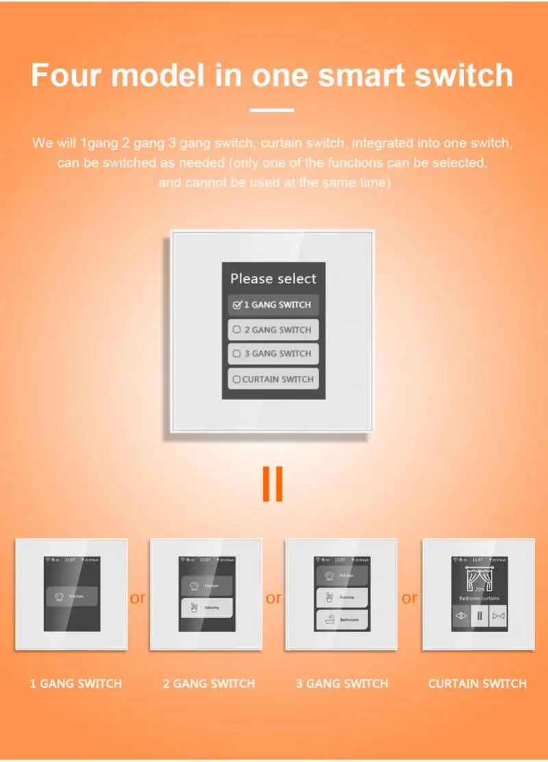 Tuya WiFi LCD Smart Light Switch Curtain Switch 4 in 1 Energy Monitor 1/2/3 Gang Selectable Touch Works With Alexa Google Home