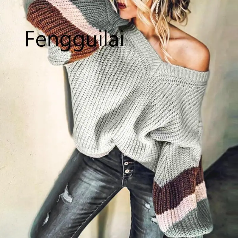 Fashion Striped V Neck Pullover Women sweater 2020 Autumn Winter Gray Long Sleeves Sweater Female High Street Loose Mujer Jumper