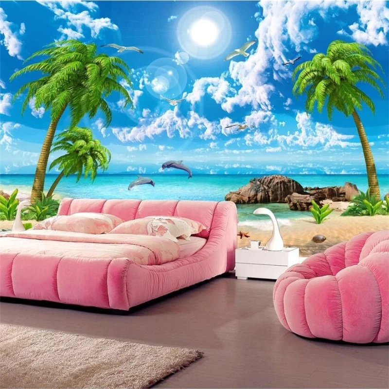 wellyu Customized large wall painter HD beautiful dreamy seascape coconut tree beach landscape TV background wall