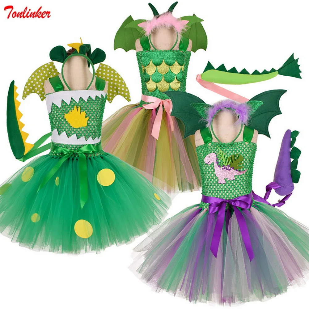 

Tonlinker Child Halloween Dinosaur Cosplay Costumes Girls Birthday Party Tutu Dress Kids Christmas Forest Animal Show Dresses