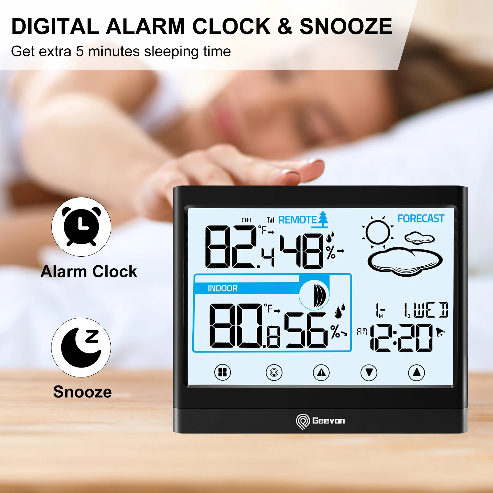 Geevon Wireless Weather Station Thermometer Hygrometer Touch Screen Snooze Alarm Clock Indoor Outdoor Thermometer Sensor