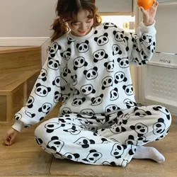 Autumn Winter Women Sweet Pajama Sets Long Sleeve Top and Pants Panda Print Cute Coral Fleece Warm Sleepwear Girly Soft Pyjamas