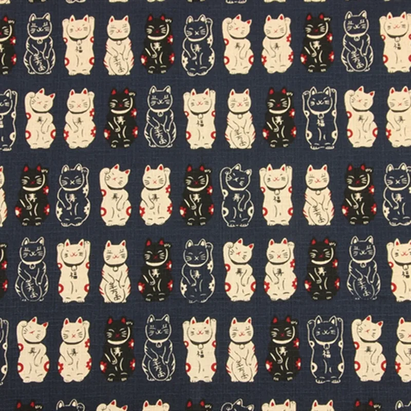 Half Yard Slub Cotton Fabric Japanese Soft Breeze Fortune Cat Print, Handmade DIY Bag Garment Sewing Material CR-630