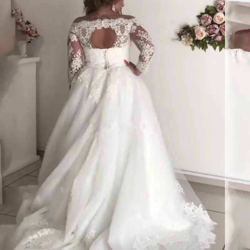 Vestidos de novia de talla grande, ropa de cuello transparente, manga larga, apliques, faja de ilusión, jardín, país, barata, 2023