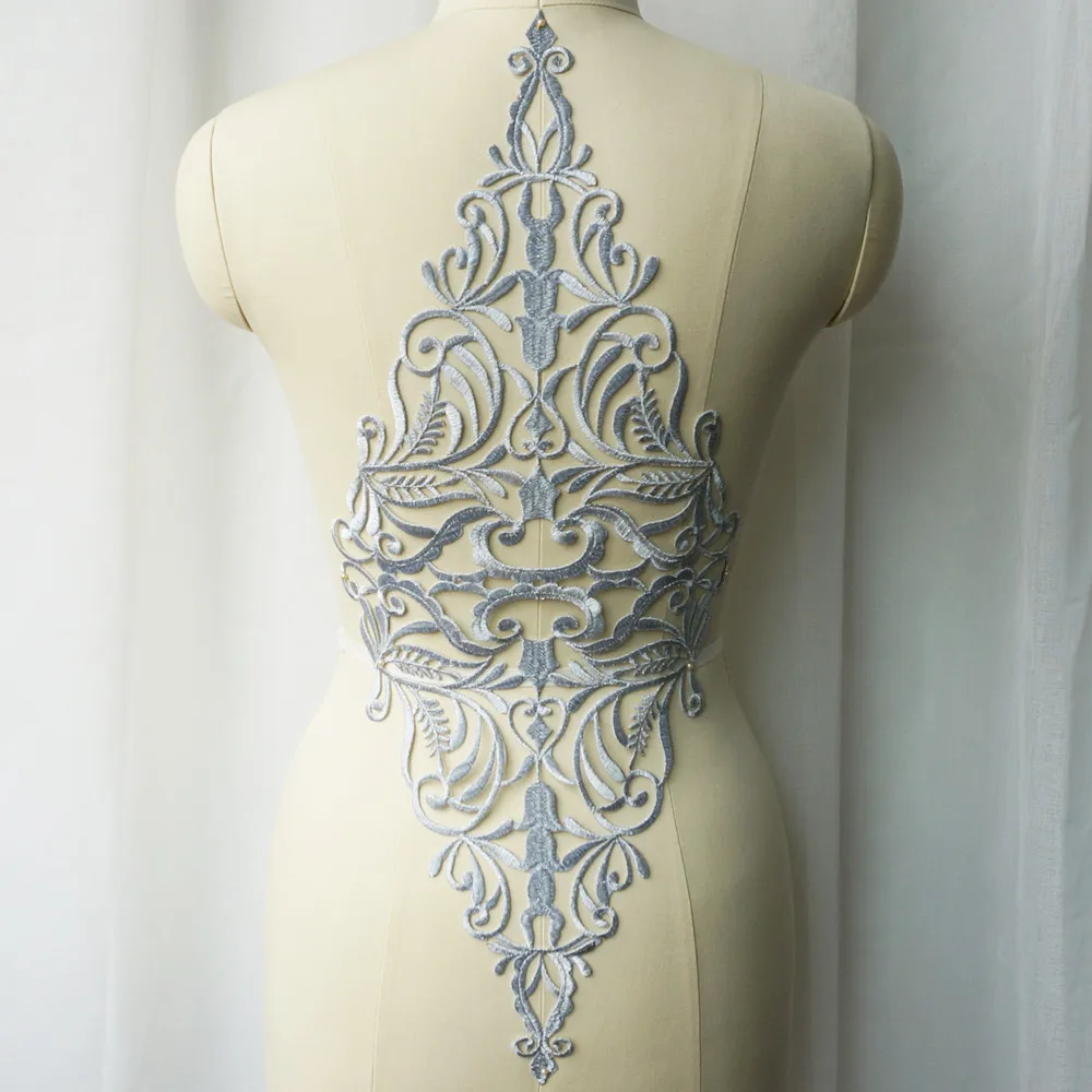 Large Silver Baroque Fabric Appliques Hollow Grid Noble Embroidered Gown Collar Sew Iron On Patch For Wedding Clothes Dress DIY