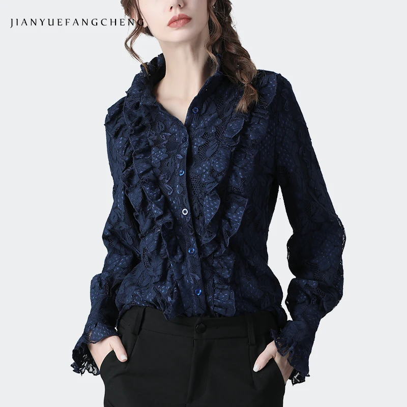 Fashion Ladies Autumn New Long Sleeve Lace Shirts Loose Hollow Out Design Ruffles Tops Elegant Fashion Women Casual Work Blouses