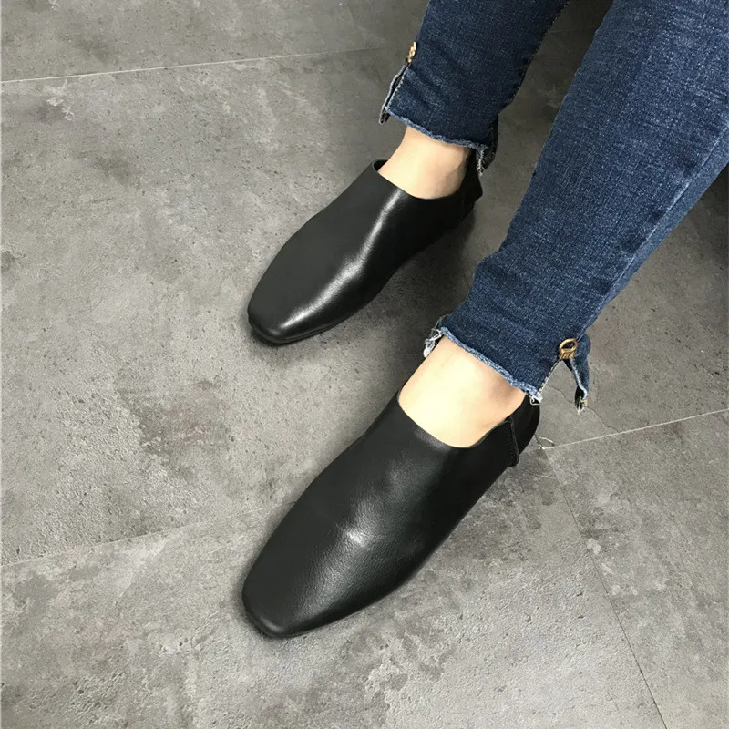 Genuine Leather Flats Casual Slip On Loafers Woman Shoes Comfortable Soft Leather Flat Shoes Square Toe Woman Footwear