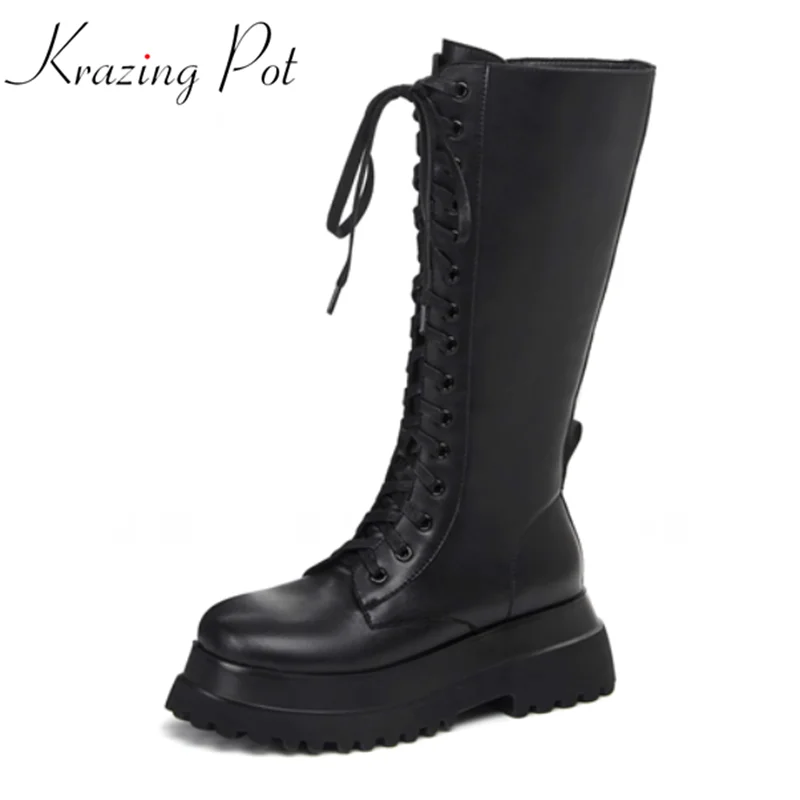 

Krazing Pot Split Cow Leather Round Toe Thick High Heels Winter Shoes Cross-tied Keep Warm Lace Up Riding Thigh High Boots L15