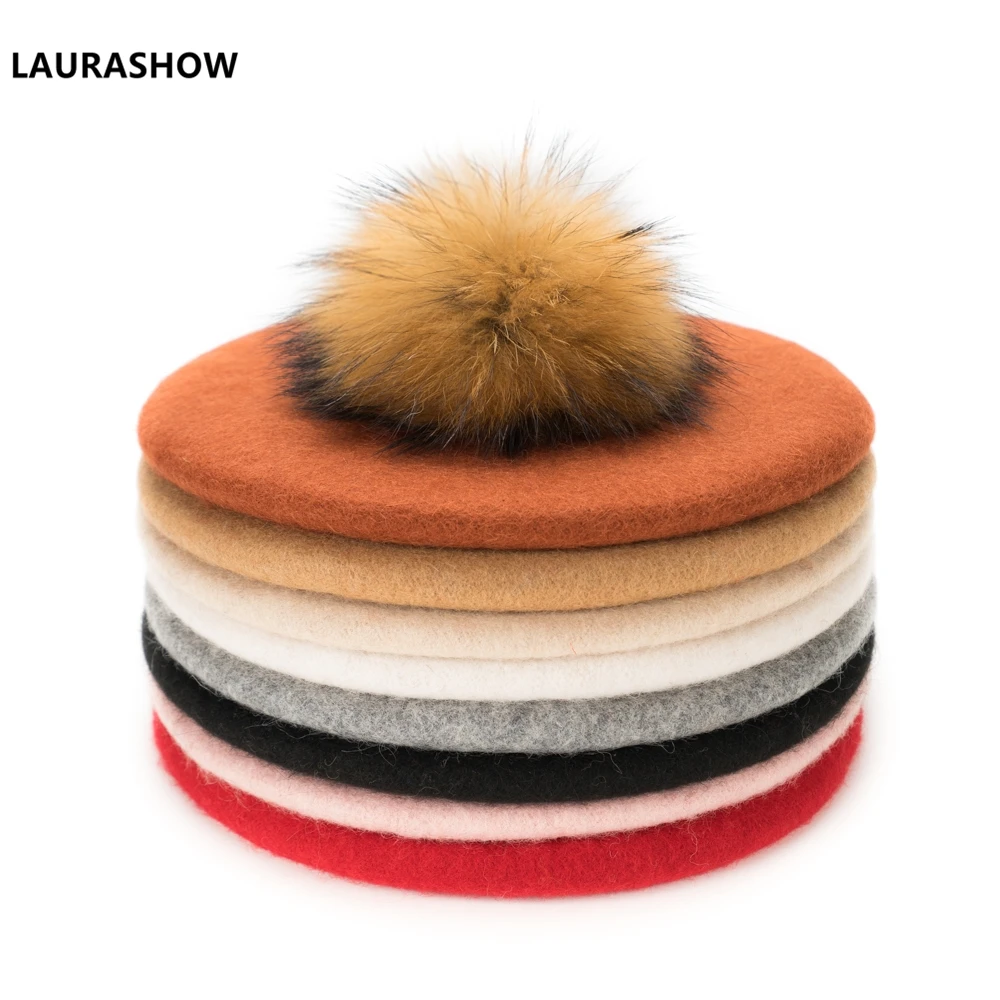 Laurashow Baby Beret Warm Wool Winter Beanie Hat With Real Fur Ball Pom Poms Girl Vintage Plain Kids Beret Hats Parent-child Cap