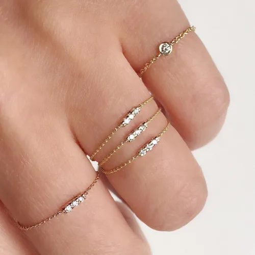 100% 925 sterling silver delicat chain classic unique design dainty women three cz bar design ring