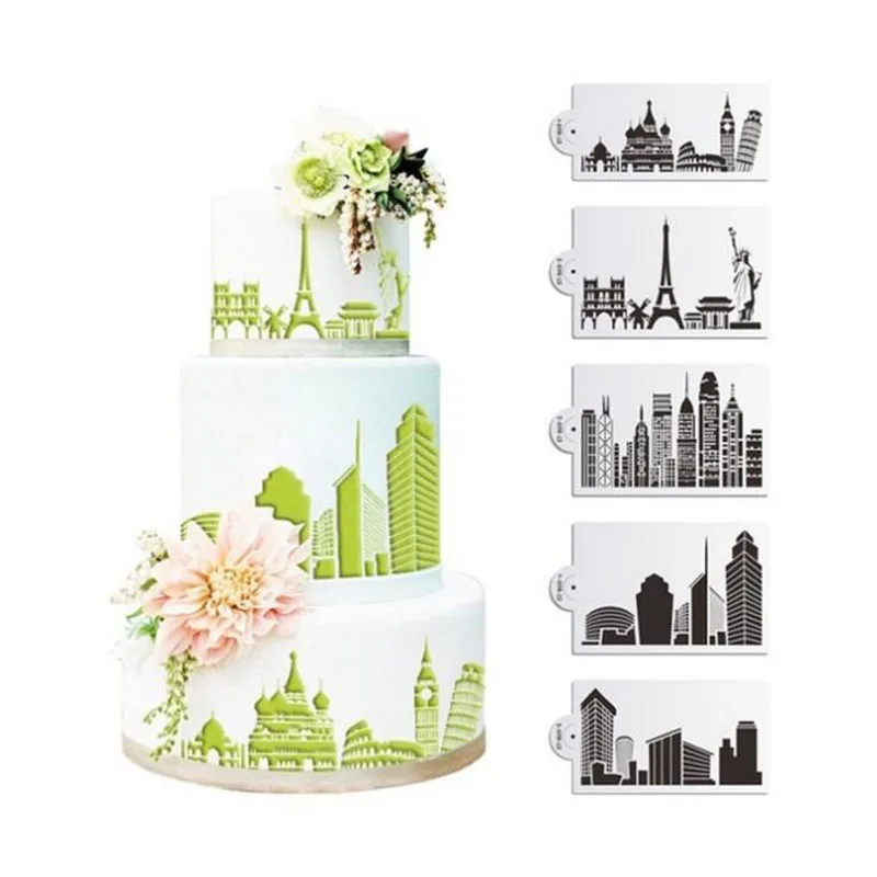 5pcs Cake Stencil Building Painting Templates DIY Scrapbooking Diary Album Coloring Embossing Accessories Decoration Reusable