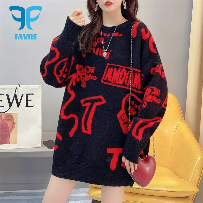 

FAVRE Niche Harajuku Sweater Women Casual Loose Pullovers Oversize Thicken O-Neck Long Sleeve Knitted Womens Sweaters Tops