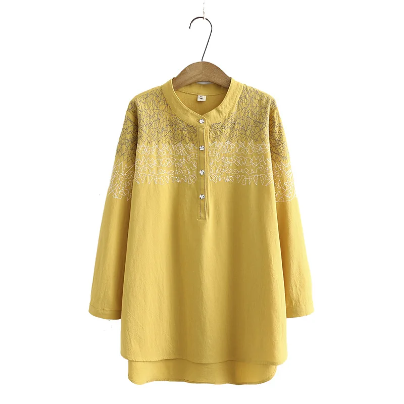 Autumn Women Shirts Ladies Solid Tops Female Long Sleeve Blouses Washed Cotton Embroidery Loose Plus Size Clothing K73 137