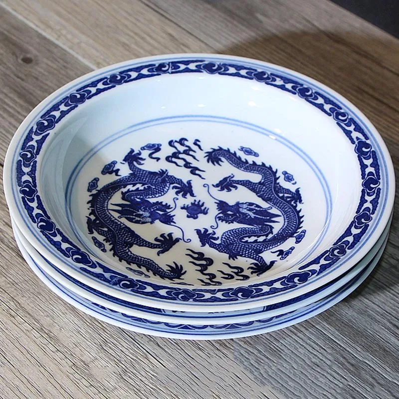 

7/8 inch Chinese Vintage Blue and White Porcelain Dinner Plates Jingdezhen Ceramic Food Plate Round Steak Dish Fruit Cake Holder