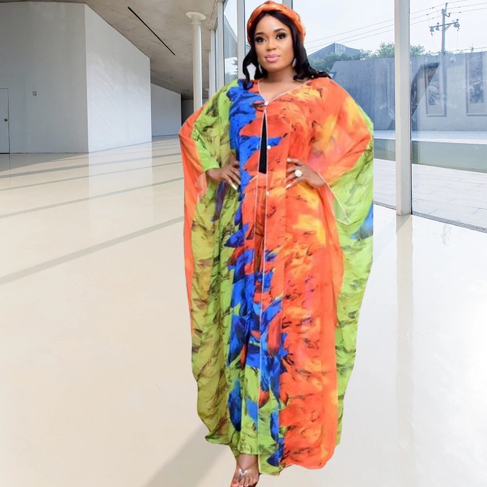 2021 New Design Muslim Women African Two Pieces Set Colorful Print Sexy V-neck Long Robe Clothing Fashion Islam Kaftan