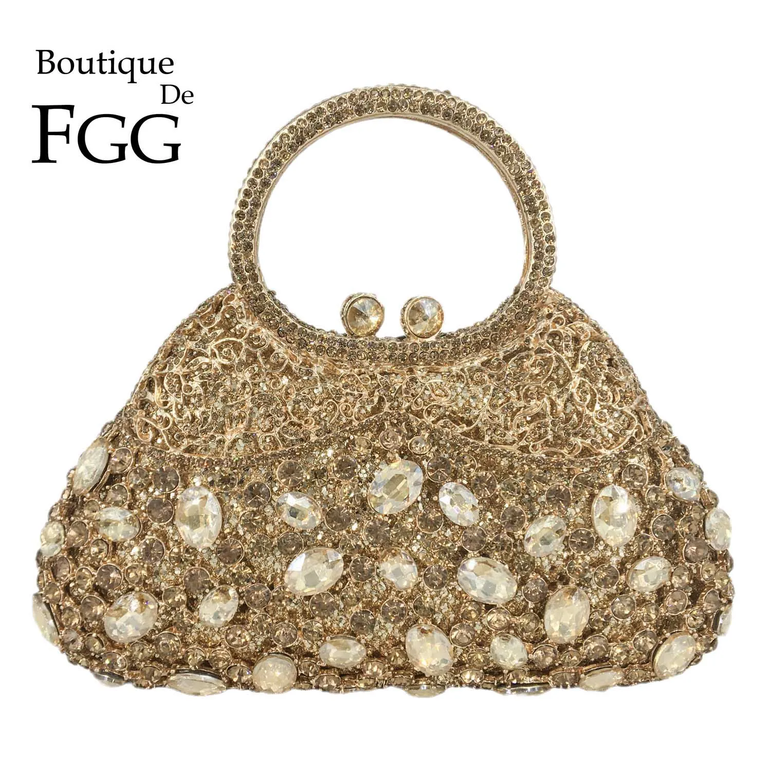 

Boutique De FGG Small Women Gold Crystal Clutch Bags Metal Totes Handbags Wedding Party Evening Purse