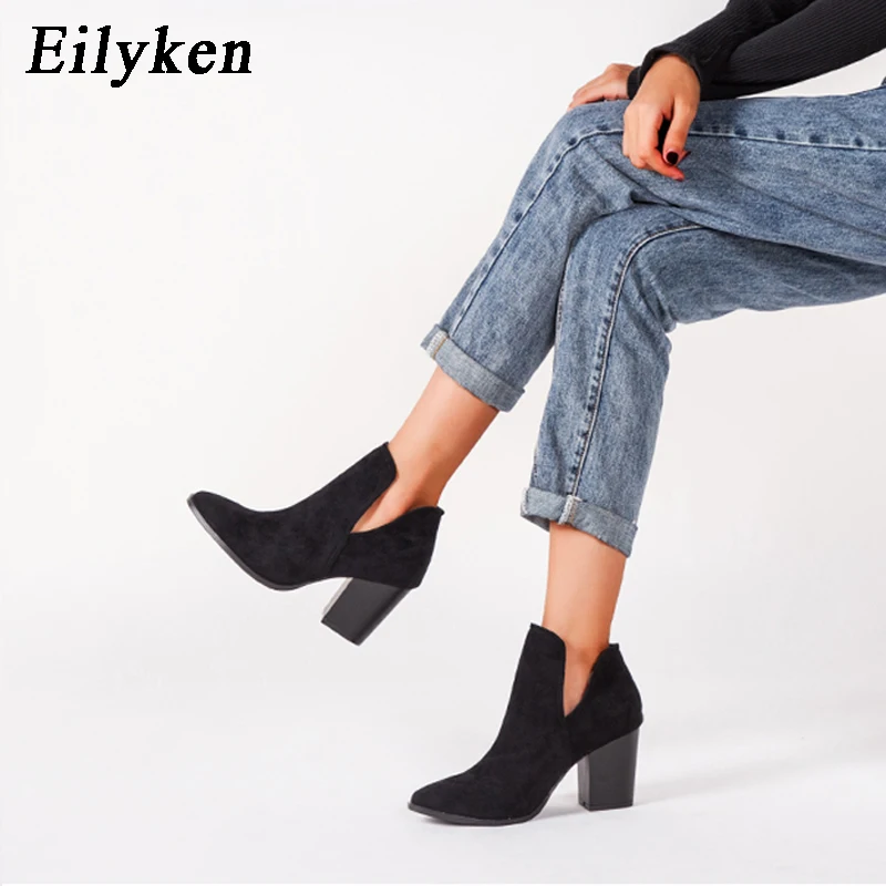 Eilyken duży rozmiar 43 designerskie eleganckie buty damskie ze szpiczastym noskiem na niskim obcasie 8cm na zamek błyskawiczny grube krótkie buty