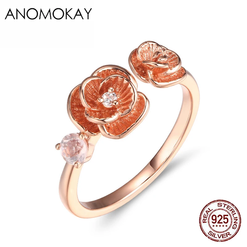 

Anomokay Romantic Rose Gold Flower Open Rings for Women Mom 100% 925 Sterling Silver Floral Rings for Party Anniversity